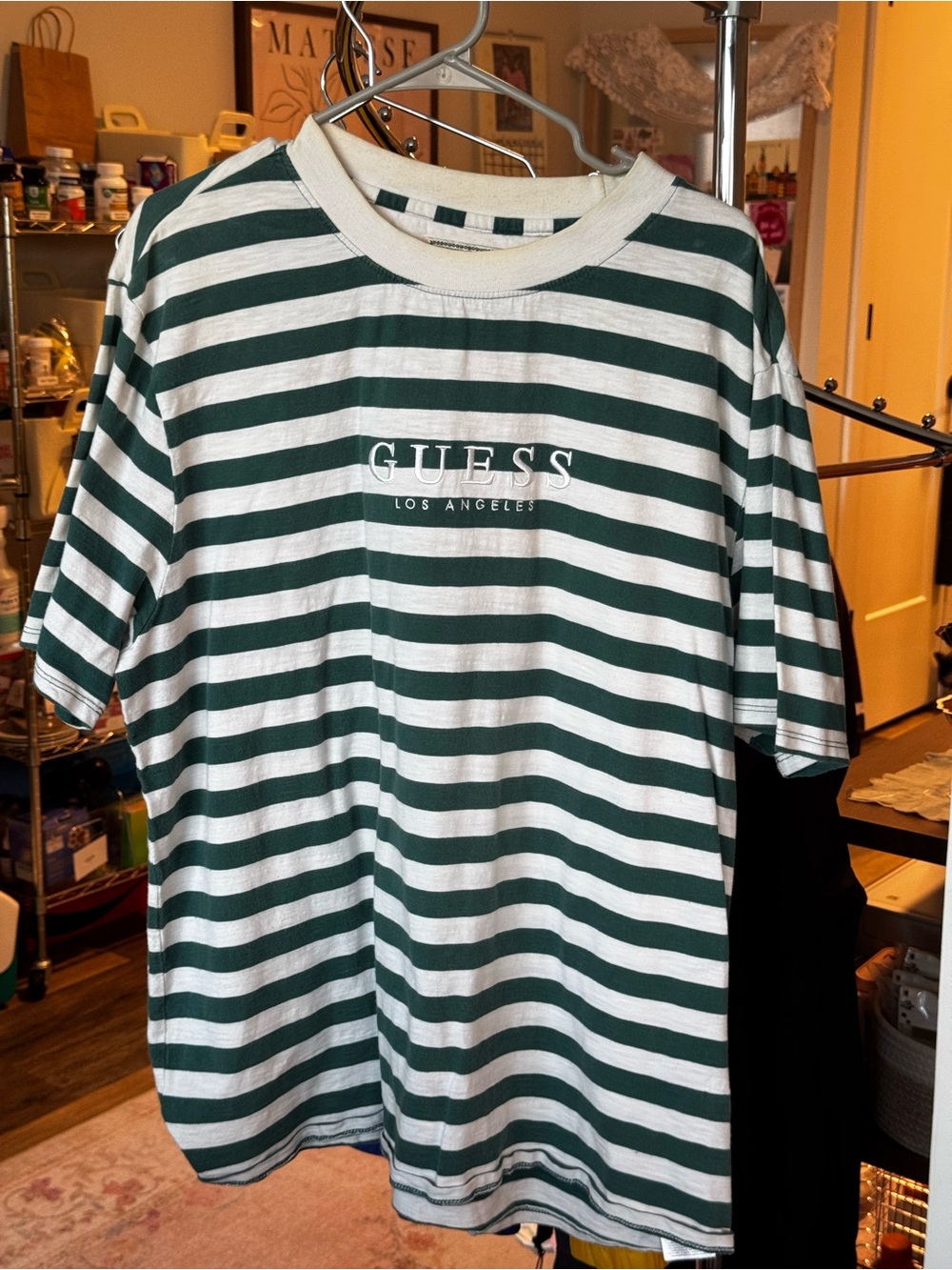 Vintage Guess Men’s Green & White Striped Short Sleeve Tee